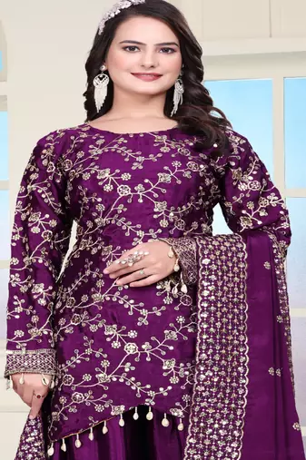 Wine chinnon silk embroidery work Suit set
