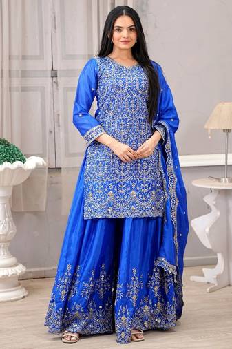 Blue color chinnon silk embroidery work Suit set