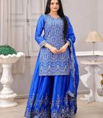 Blue chinnon silk embroidery work Suit set