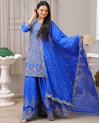 Blue chinnon silk embroidery work Suit set 2