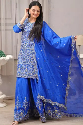 Blue chinnon silk embroidery work Suit set