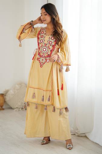 Cream color khadi cotton embroidery work navratri Suit set