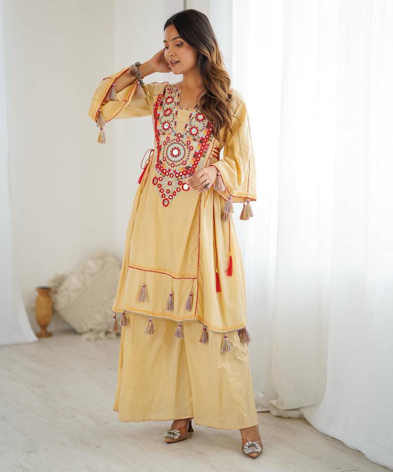 Cream color khadi cotton embroidery work navratri Suit set