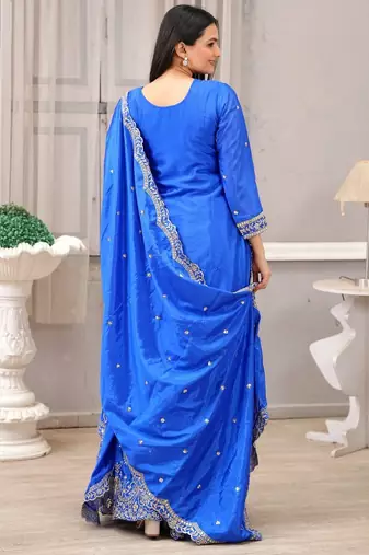 Blue chinnon silk embroidery work Suit set