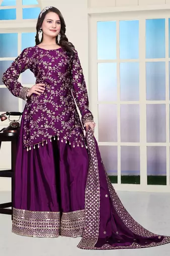Wine chinnon silk embroidery work Suit set