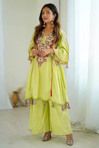 Pista color khadi cotton embroidery work navratri Suit set