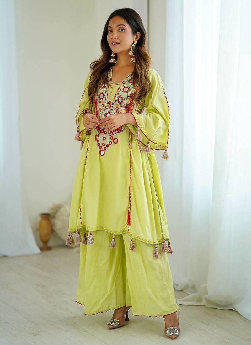 Pista color khadi cotton embroidery work navratri Suit set