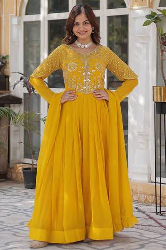 yellow embroidered anarkali gown