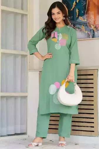Shadow Green Embroidered Cotton Kurta and Pant Set