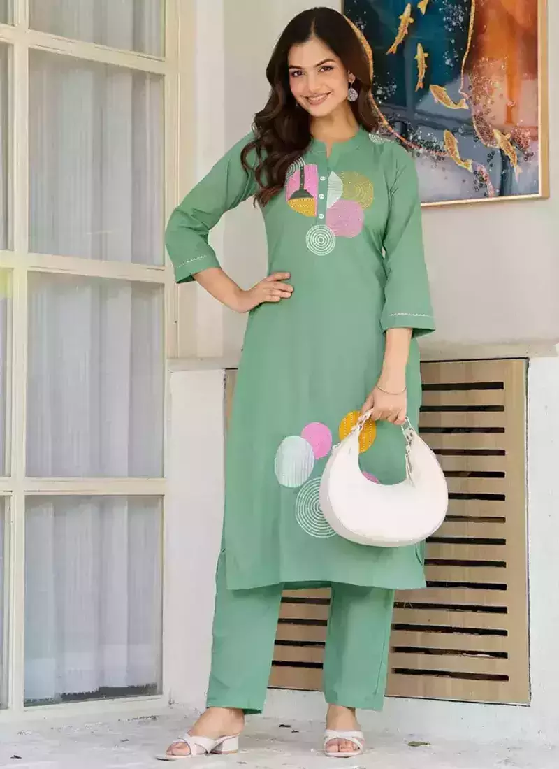Shadow Green Embroidered Cotton Kurta and Pant Set