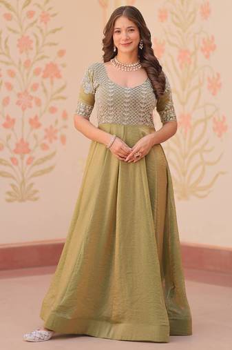 Olive radiance fendy silk embroidered gown