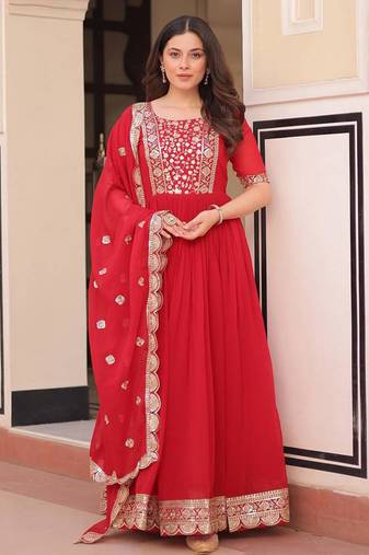 Regal red zari embroidered gown set