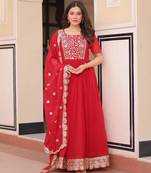 red embroidered gown with dupatta