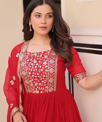 red embroidered gown with dupatta 2
