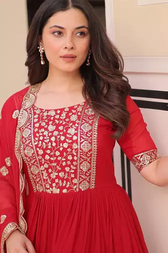 red embroidered gown with dupatta