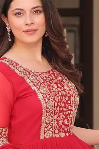red embroidered gown with dupatta