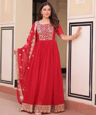 red embroidered gown with dupatta 4