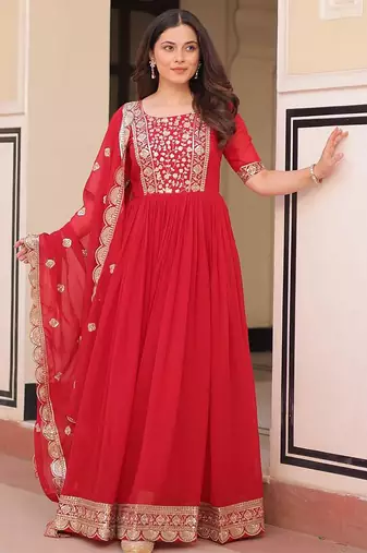 red embroidered gown with dupatta