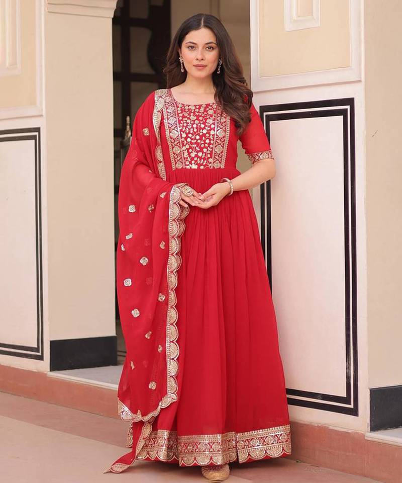 red embroidered gown with dupatta