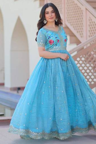 blue gold crush anarkali gown with embroidered sequins work