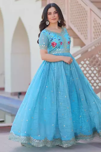blue gold crush anarkali gown with embroidered sequins work