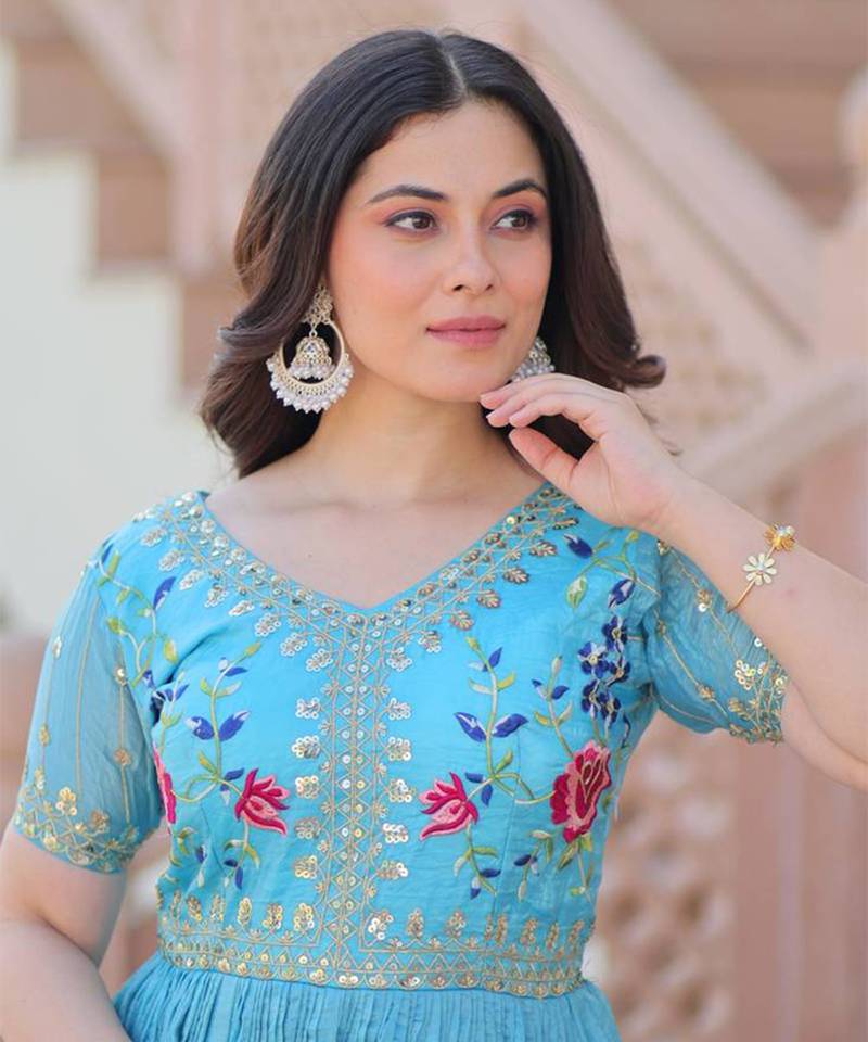 blue anarkali gown with embroidery