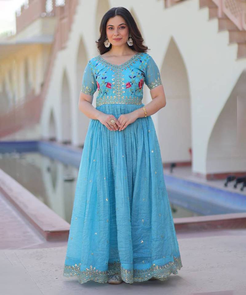 blue anarkali gown with embroidery