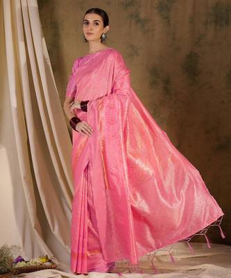 Charming baby pink banarasi silk saree with weaving details 1