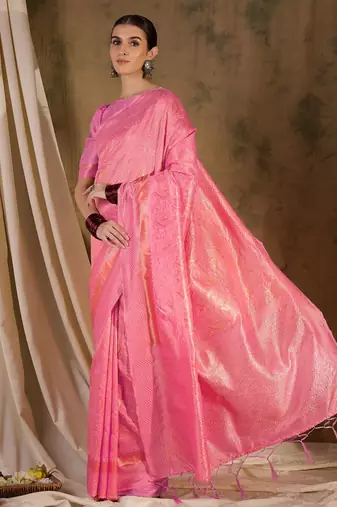 Charming baby pink banarasi silk saree with weaving details