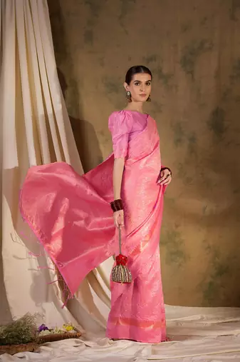 Charming baby pink banarasi silk saree with weaving details