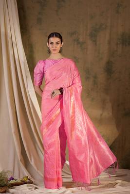 Charming baby pink banarasi silk saree with weaving details 3