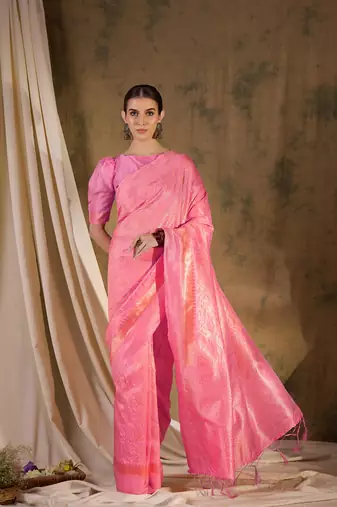 Charming baby pink banarasi silk saree with weaving details