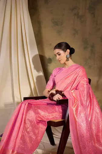 Charming baby pink banarasi silk saree with weaving details