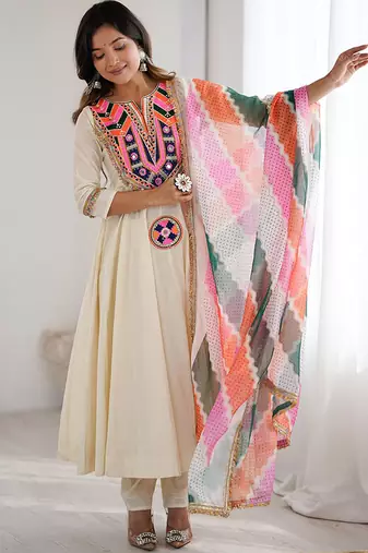 Off white elegance embroidered anarkali with leheriya dupatta