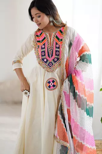 Off white embroidered anarkali with dupatta