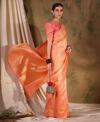 Soft peach banarasi silk saree with elegant weaving 2