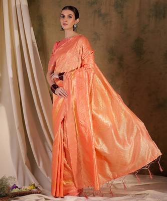 Soft peach banarasi silk saree with elegant weaving 3