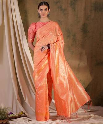 Soft peach banarasi silk saree with elegant weaving 4