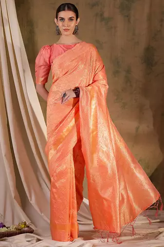 Soft peach banarasi silk saree with elegant weaving