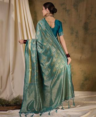 Striking teal banarasi silk saree with weaving details 5