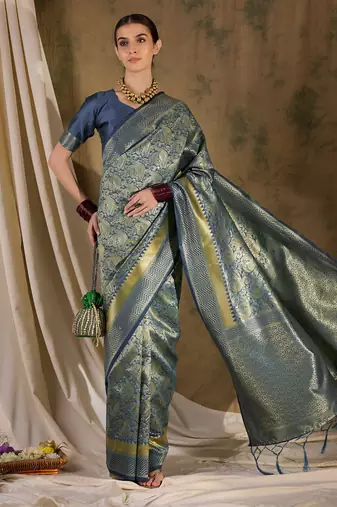 Sophisticated grey banarasi silk saree with weaving work