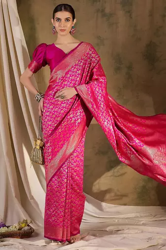 Radiant pink banarasi silk saree with weaving work