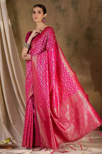 Radiant pink banarasi silk saree with weaving work