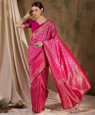 Radiant pink banarasi silk saree with weaving work 4