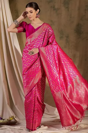 Radiant pink banarasi silk saree with weaving work
