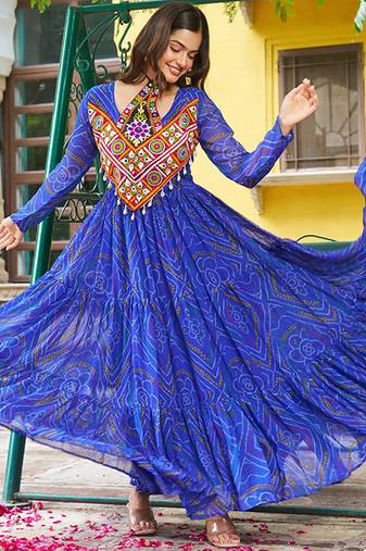 Royal blue bandhani flair navratri gown with kutchi patchwork