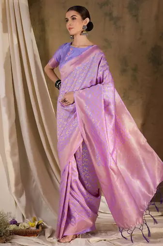 Lovely light violet banarasi silk saree with weaving work