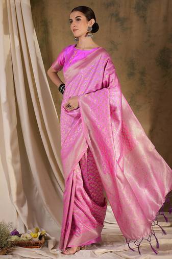 Feminine baby pink banarasi silk saree with weaving work