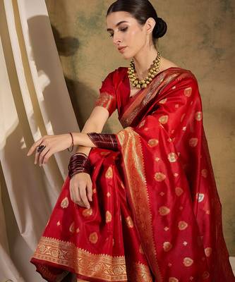 Bold red banarasi silk saree with weaving work 1