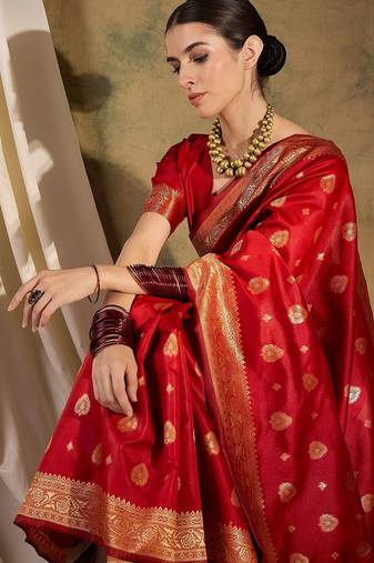Bold red banarasi silk saree with weaving work